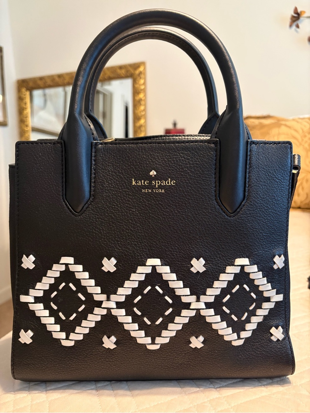 kate spade Black Leather Satchel with White Woven Diamond Motif